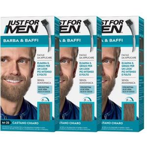 Just for Men Baard & snor M25 Baardkleur voor heren, lichtbruin, verven, verwijdert grijs haar, met applicatorkam, 3 stuks