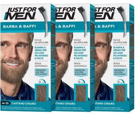 Just for Men Baard & snor M25 Baardkleur voor heren, lichtbruin, verven, verwijdert grijs haar, met applicatorkam, 3 stuks