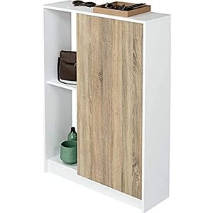 MUEBLES PITARCH Neo Schoenenkast met deur, binnenruimte met schoenenstangen en plank, 110 x 80 x 25 cm, gecombineerde kleur Cambriaans eiken en wit, hoogglans