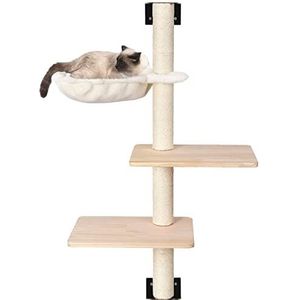 Wandkrabpaal voor katten 104 cm met hangmat en 2 platforms, massief houten stappen, krabmeubel en slaapplaats voor wandmontage geschikt voor S katten