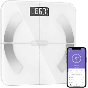 lichaamsvetweegschaal, bluetooth personenweegschaal met app, smart digitale weegschaal voor lichaamsvet, BMI, gewicht, spiermassa, water, eiwitten, skeletspieren, botgewicht, BMR, 26 x 26 cm