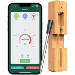 Probe Vleesthermometer Draadloos met App - BBQ Thermometer met Bluetooth - Oventhermometer - BBQ accesoires - RVS - ZWART
