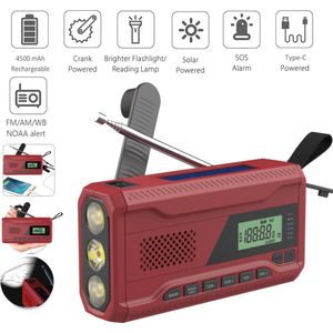 Draagbare noodradio-AM FM NOAA Radio-ontvanger Handslinger/Zonne-energie - 4500mAh Powerbank met zaklamp-- SOS-alarm - Opladen via USB-C