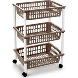 Opberg trolley/roltafel/organizer met 3 manden 40 x 30 x 61,5 cm wit/taupe - Etagewagentje/karretje met opbergkratten
