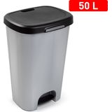Kunststof afvalemmers/vuilnisemmers grijs 50 liter met zwarte deksel en pedaal - Vuilnisbakken/prullenbakken