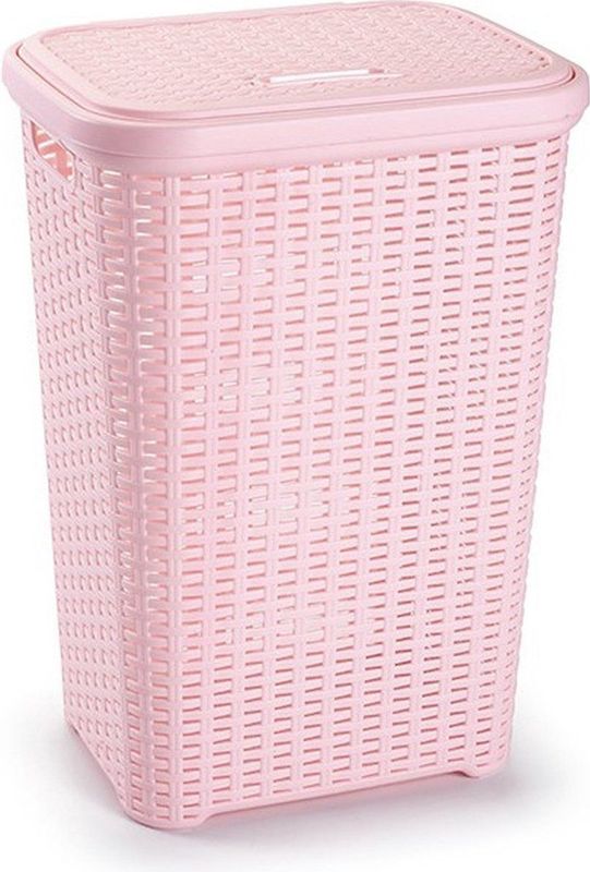Plasticforte Wasmand met deksel 60 liter lichtroze rotan kunststof L35 x B43 x H62