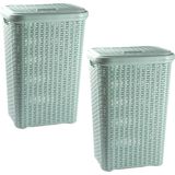 PlasticForte Wasmand met deksel 60 liter lichtgroen rotan kunststof L35 x B43 x H62
