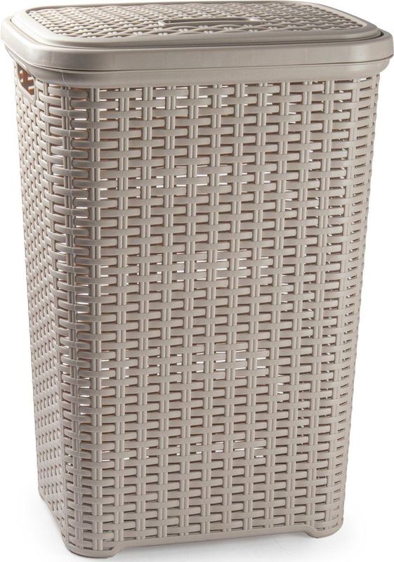 Plasticforte Wasmand met deksel 60 liter taupe rotan kunststof L35 x B43 x H62