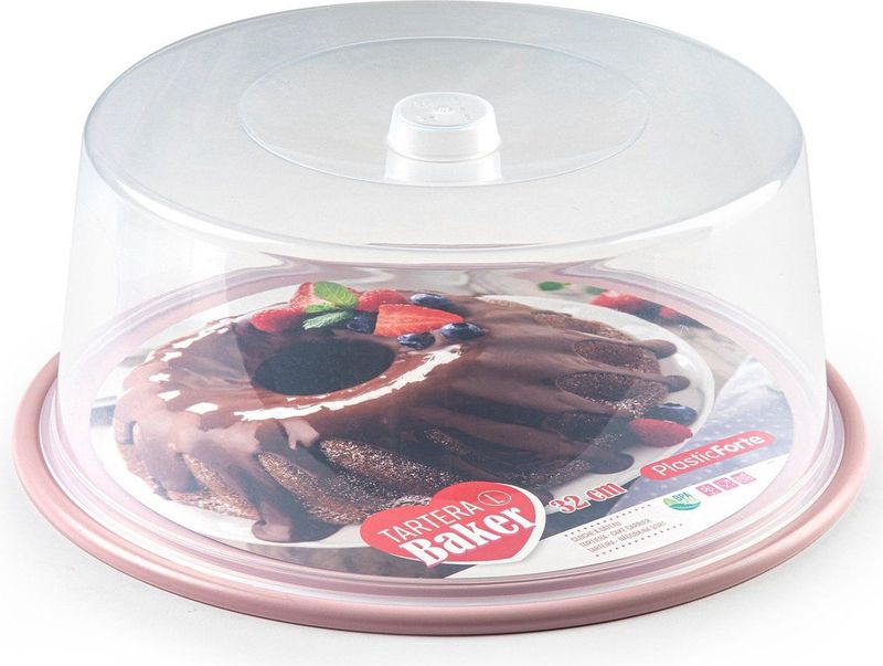 Ronde taart/gebak bewaardoos - transparant met roze bodem - D32 x H15 cm - Taart bewaren/serveren in box/doos