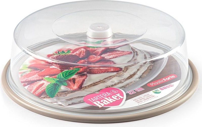 Ronde taart/gebak bewaardoos transparant 32 x 9,5 cm met taupe bodem - Taart bewaren/serveren in box/doos