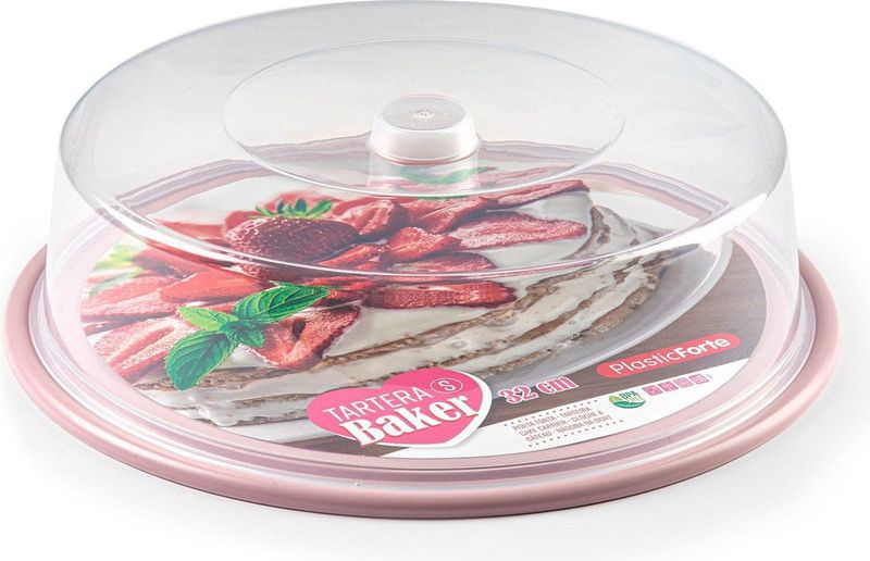 Ronde taart/gebak bewaardoos transparant 32 x 9,5 cm met roze bodem - Taart bewaren/serveren in box/doos