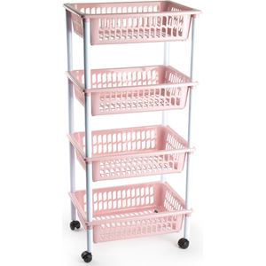 Opberger/organiser trolley/roltafel met 4 manden 85 cm oud roze - Etagewagentje/karretje met opbergkratten