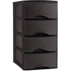 Plasticforte Ladeblok - 4 lades - kunststof - zwart - rotan - bureau organizer - 26 x 37 x 49 cm