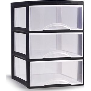 Plasticforte Ladeblokje/bureau organizer met 3x lades - transparant/zwart - L18 x B25 x H25 cm