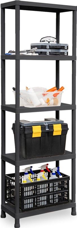 Plasticforte opbergrek schuur/zolder - kunststof - zwart - 60 x 30 x 180 cm - met 5 planken - stellingkast voor berging