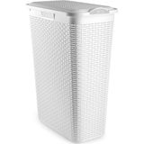 Plasticforte - Smalle Wasmand met Deksel - Wit - Gevlochten Kunststof - 48 Liter - 27 x 46 x 60 cm