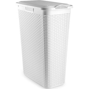 Plasticforte - Smalle Wasmand met Deksel - Wit - Gevlochten Kunststof - 48 Liter - 27 x 46 x 60 cm