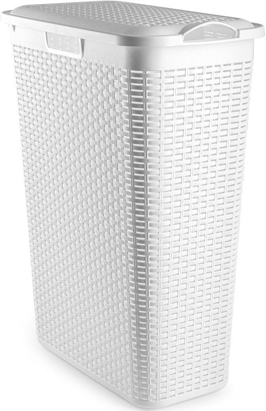 Plasticforte - Smalle Wasmand met Deksel - Wit - Gevlochten Kunststof - 48 Liter - 27 x 46 x 60 cm