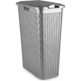 Plasticforte - Smalle Wasmand met Deksel - Zilvergrijs - Gevlochten Kunststof - 48 Liter - 27 x 46 x 60 cm