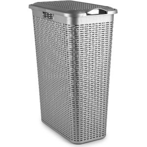 Plasticforte - Smalle Wasmand met Deksel - Zilvergrijs - Gevlochten Kunststof - 48 Liter - 27 x 46 x 60 cm