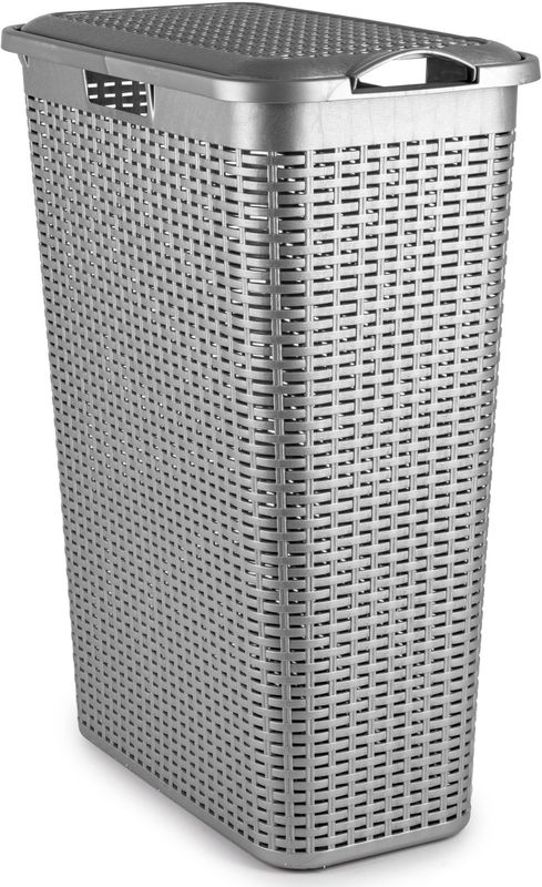 Plasticforte - Smalle Wasmand met Deksel - Zilvergrijs - Gevlochten Kunststof - 48 Liter - 27 x 46 x 60 cm