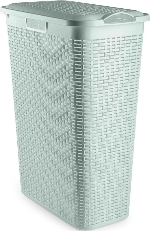 Plasticforte - Smalle Wasmand met Deksel - Groen - Gevlochten Kunststof - 48 Liter