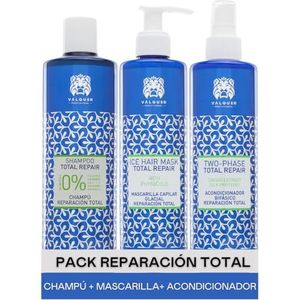 Valquer Professional Total Repair Haarpakket, Zero% Shampoo 400 Ml + Ijseffectmasker 300 Ml + Bifasische Conditioner 300 Ml, Beschadigd Haar