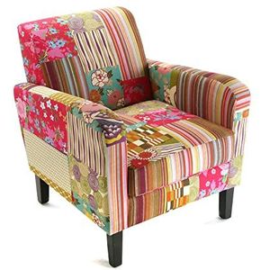 Versa Pink Patchwork stoel voor woonkamer, slaapkamer of eetkamer, comfortabele en andere bank, met armleuningen, afmetingen (H x B x B) 71 x 77 x 65 cm, katoen en hout, kleur: roze