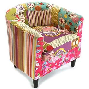 Versa Pink Patchwork fauteuil voor woonkamer, slaapkamer of eetkamer, comfortabele en verschillende bank, met armleuningen, afmetingen (H x B x L): 56 x 62 x 64 cm, katoen en hout, kleur: roze