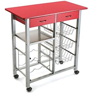 Versa Leicester Keukenwagen met wielen, laden en flessenrek, groentedispenser, keukenrek, afmetingen (H x B x B) 82 x 40 x 76 cm, hout en metaal, kleur rood