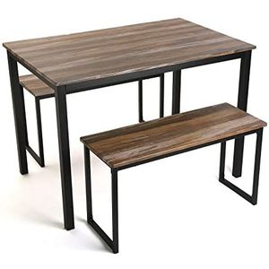 Versa Taline Eettafel Set met Twee Banken, Set van 3 stuks, Afmetingen (H x B x H) 76 x 70 x 110 cm, Hout en Metaal, Kleur Zwart