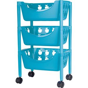 Keukentrolley met appelmotief - 3-laags - blauw - kunststof - 45 x 29,5 x 70,5 cm - Opberg trolley