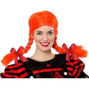 Verkleedpruik Dames Pippie - Oranje - Met lange vlechtjes - lang haar - Holland - Nederland - Verkleedpruiken