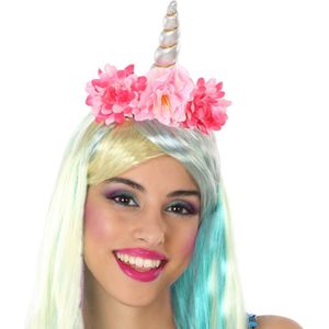 Verkleed haarband Unicorn/Eenhoorn - roze gekleurd - meisjes/dames - met bloemen