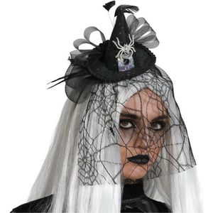 Halloween heksenhoed - mini hoedje op diadeem - one size - zwart/zilver - meisjes/dames - Verkleedhoofddeksels