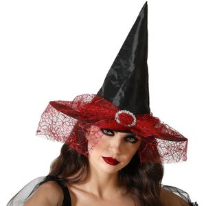 Halloween heksenhoed - met sluier - one size - zwart/rood - meisjes/dames - verkleed hoeden