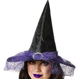 Halloween heksenhoed - met sluier  - one size - zwart/paars - meisjes/dames - verkleed hoeden