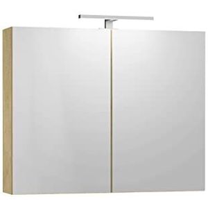 Baikal Camerino met spiegel, multifunctionele badkamerkast, naar keuze met of zonder ledlicht, eenvoudige montage, gemonteerde kast, natuurlijke afwerking, ledverlichting, 80 cm
