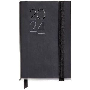 Miquelrius - Jaarkalender 2024, dagweergave, paspoortgrootte 90 x 140 mm, flexibele omslag van kunstleer genaaid, Catalaans, Engels en Portugees, zwart