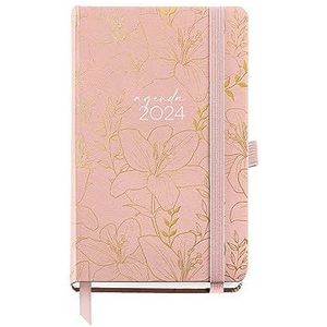 Miquelrius - Jaarplanner 2024, Vista-week, paspoortgrootte 90 x 140 mm, hardcover, genaaide binding, sluiting met rubber, Catalaans, Engels en Portugees, roze met bloemen in reliëf