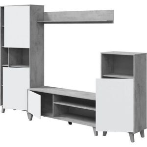 Zoe modulaire TV-kastenset: TV-kast + 2 vitrinekasten - PUSH-opening - Melamine - Wit en cement decor - L260 x D33 x H184 cm