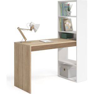 Omkeerbaar bureau met boekenkast met vijf planken, kleur wit en eiken, afmetingen 120 x 144 x 53 cm