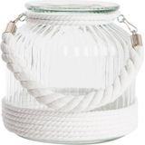 Kaarshouder/windlicht wit glas 18 cm met touw - Theelichthouders/waxinelichthouders - Stompkaars houder