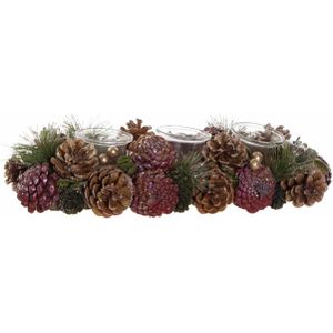 Items Kerststukje theelichthouder tafel ornament - roze/bruin - 38 x 15 x 9,5 cm - tafel ornament