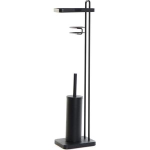 Luxe metalen wc/toiletborstel 81 cm met toiletborstelhouder, toiletrolhouder en plankje zwart