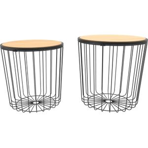 Set van 2x stuks bijzettafels rond metaal/hout zwart 42 x 42 cm - Home Deco meubels en tafels