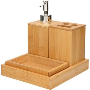 Badkamerset 3-delig van bamboe hout L18 x B16 cm - badkamer accessoires
