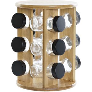 Bamboe houten kruidenrek/specerijenrek met 12 glazen potten 18 x 18 x 25 cm