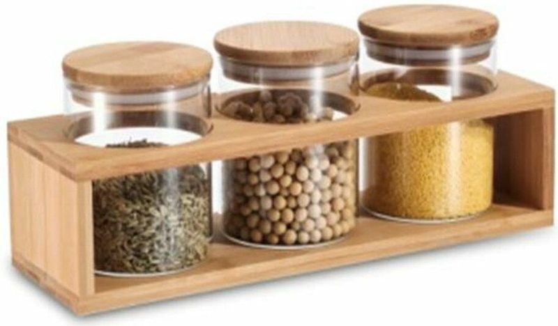 DKD Home Decor - Set van 3 Potjes - Natuurlijk Bamboe - Borosilicaatglas