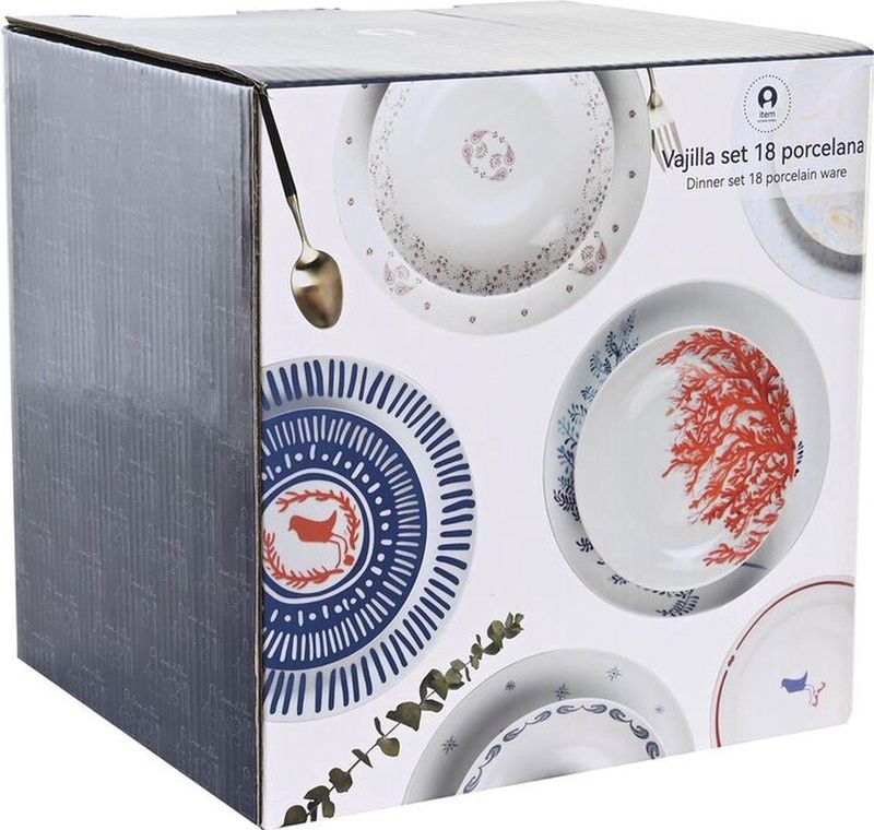 DKD Home Decor - Serviesset - Blauw Wit - Porselein - 18 Onderdelen